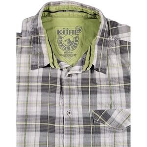 Kuhl Mountain Grown Plaid Button Shirt Mens Medium Gray Green Short Sleeve